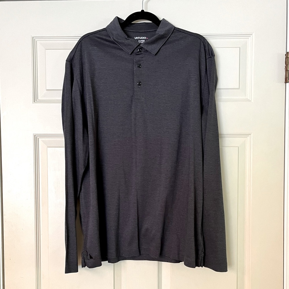Untuckit Damaschino Jacquard Long Sleeve Polo Shirt Size XL Black Gray Cotton‎